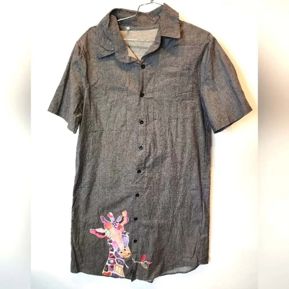 Black Denim Giraffe Shirt Dress‎ Novelty Fun Loose Fit Size L